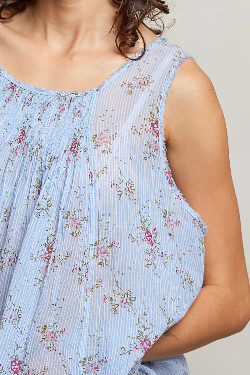 Pol Round Neck Sleeveless Floral Pleated Cotton Top view 6 (top) - pol top, pol cotton top, pol round s - shop at us.meeeshop