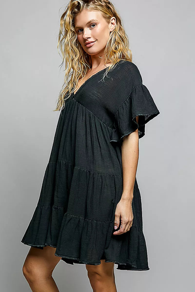 pol ruffle shirred Pol Ruffle Shirred V-neck Short Sleeve Cotton Dress view 2 (dress) - shop at us.meeeshop