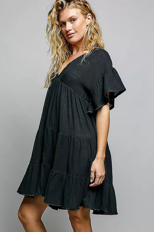 pol ruffle shirred Pol Ruffle Shirred V-neck Short Sleeve Cotton Dress view 2 (dress) - shop at us.meeeshop