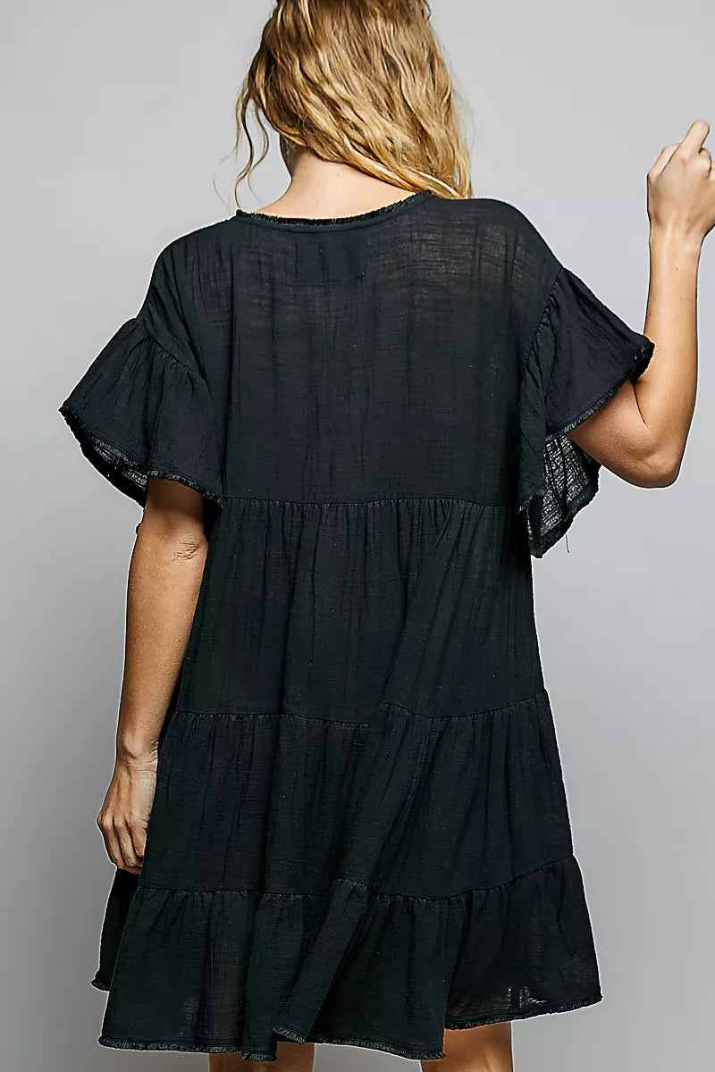 pol ruffle shirred Pol Ruffle Shirred V-neck Short Sleeve Cotton Dress view 3 (dress) - shop at us.meeeshop