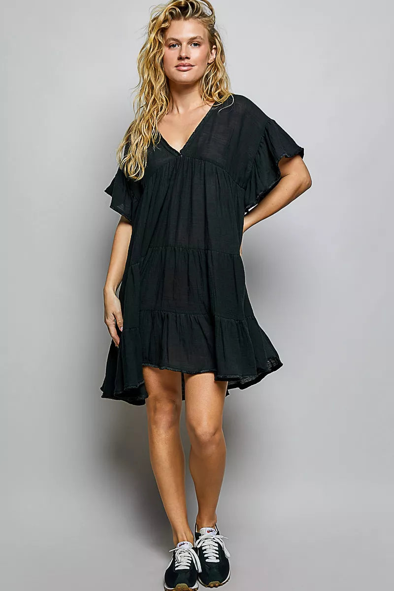 pol ruffle shirred Pol Ruffle Shirred V-neck Short Sleeve Cotton Dress view 5 (dress) - shop at us.meeeshop