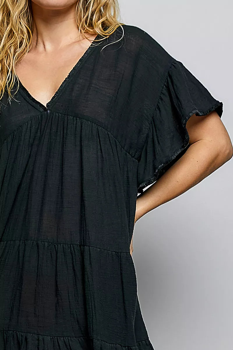 pol ruffle shirred Pol Ruffle Shirred V-neck Short Sleeve Cotton Dress view 6 (dress) - shop at us.meeeshop