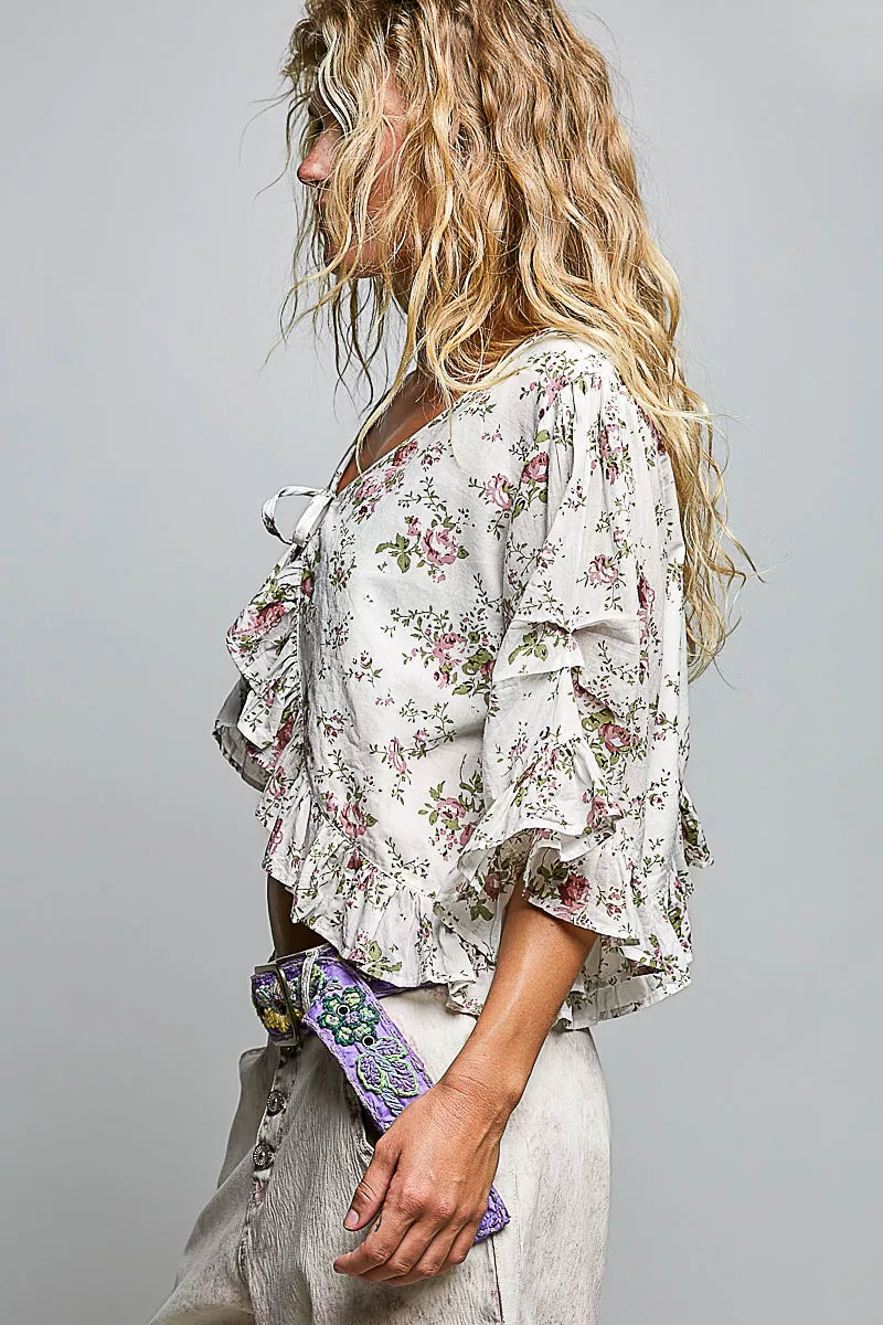 Pol Ruffle Tie Front Cropped Floral Woven Flutter Sleeve Top IVORY FLORAL view 2 (top) - pol top, pol f - shop at us.meeeshop