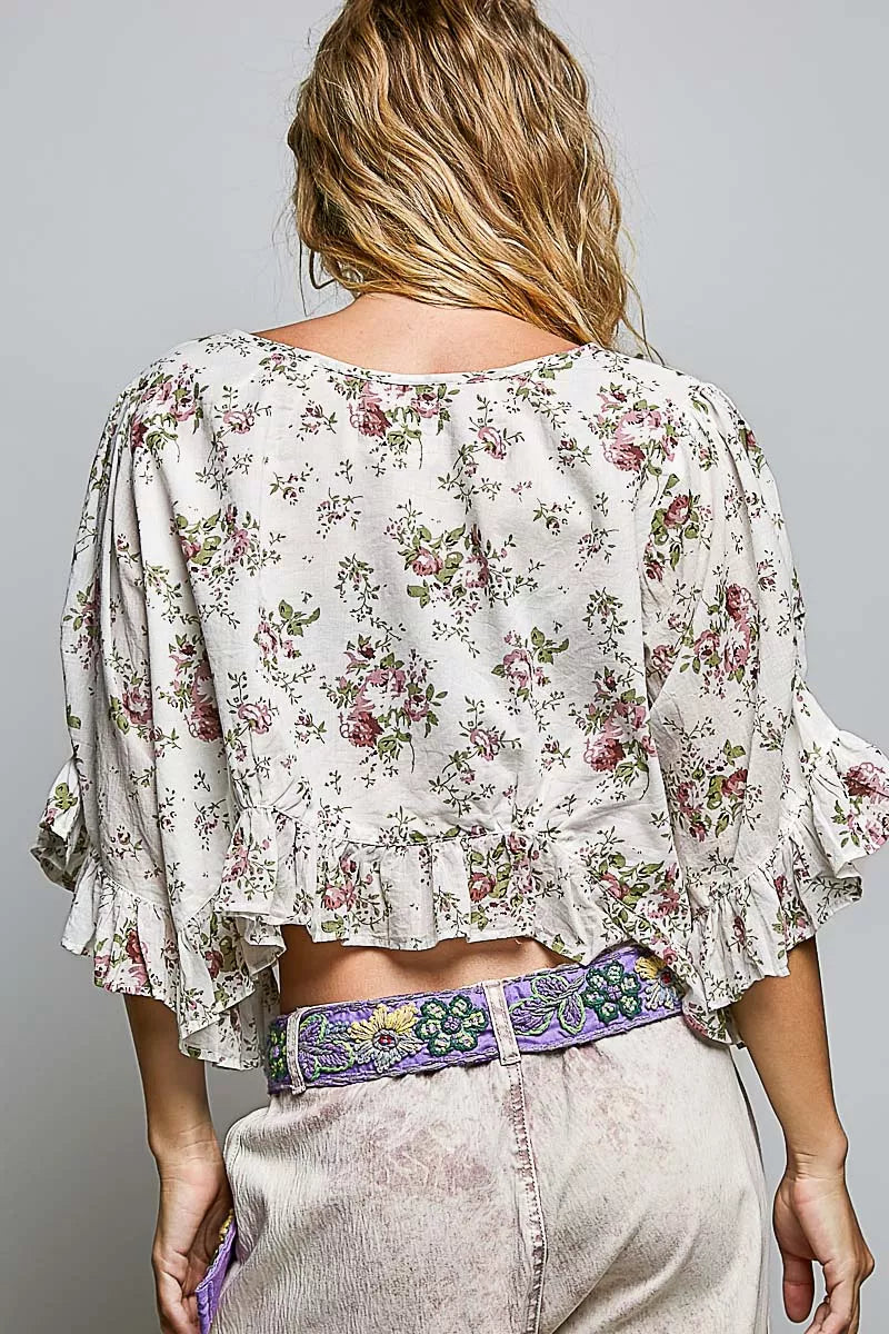 Pol Ruffle Tie Front Cropped Floral Woven Flutter Sleeve Top IVORY FLORAL view 3 (top) - pol top, pol f - shop at us.meeeshop