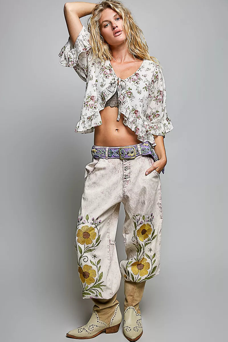 Pol Ruffle Tie Front Cropped Floral Woven Flutter Sleeve Top view 6 (top) - pol top, pol flutter top, p - shop at us.meeeshop
