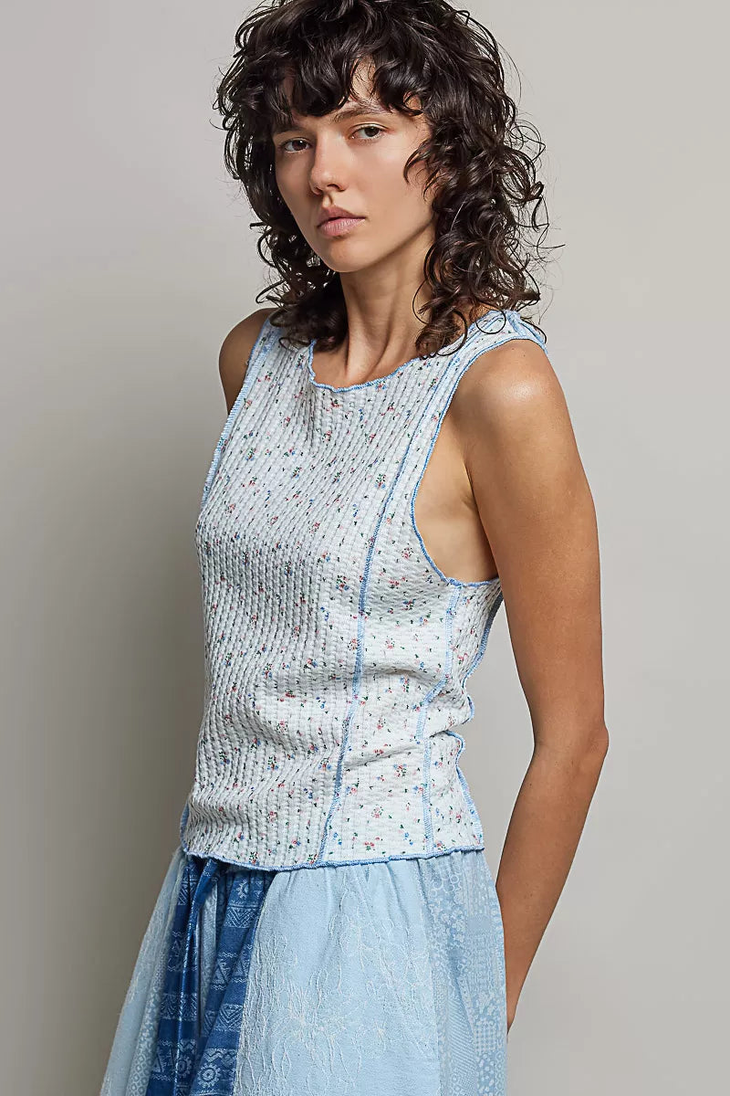 Pol Seam Detail Floral Round Neck Ribbed Tank BLUE MULTI view 3 (top) - pol tank, pol ribbed tank, pol  - shop at us.meeeshop