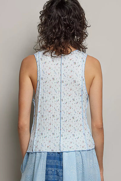 pol seam detail Pol Seam Detail Floral Round Neck Ribbed Tank view 4 (top) - shop at us.meeeshop