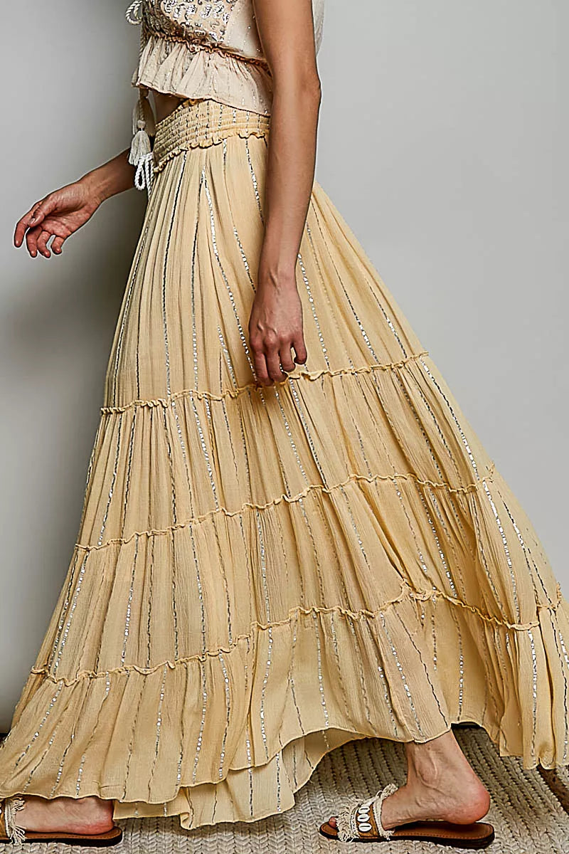 Pol Shimmer Tiered Reverse Ruffle Smocked Waist Maxi Skirt CORAL HAZE MULTI view 2 (dress) - shop at us.meeeshop
