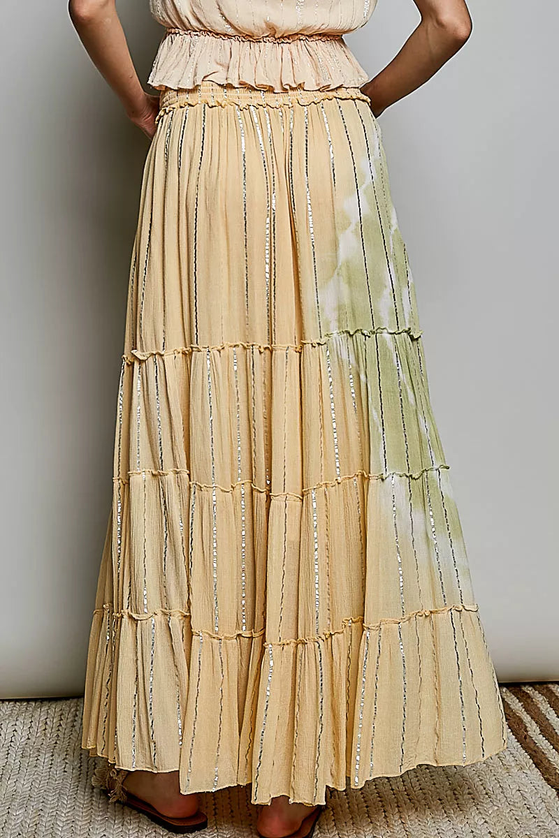 Pol Shimmer Tiered Reverse Ruffle Smocked Waist Maxi Skirt CORAL HAZE MULTI view 3 (dress) - shop at us.meeeshop