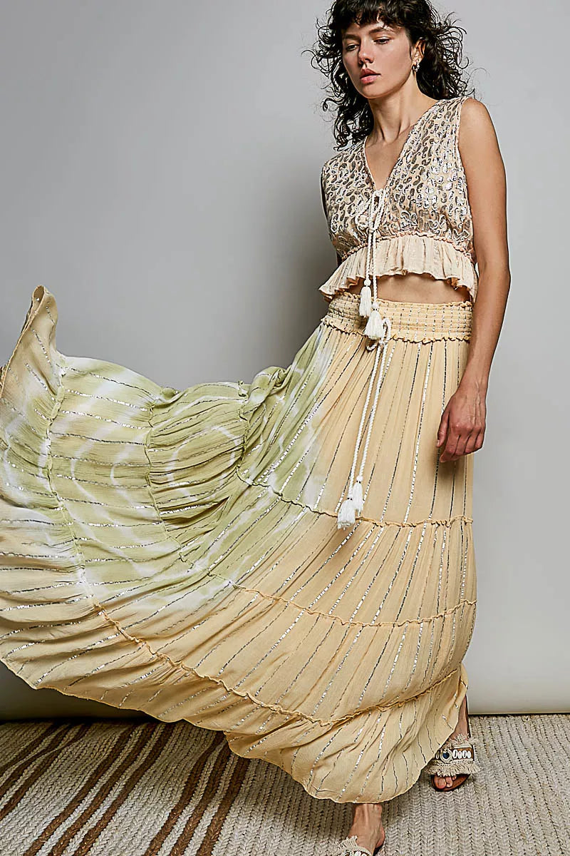 Pol Shimmer Tiered Reverse Ruffle Smocked Waist Maxi Skirt view 4 (dress) - pol skirt, pol maxi skirt,  - shop at us.meeeshop
