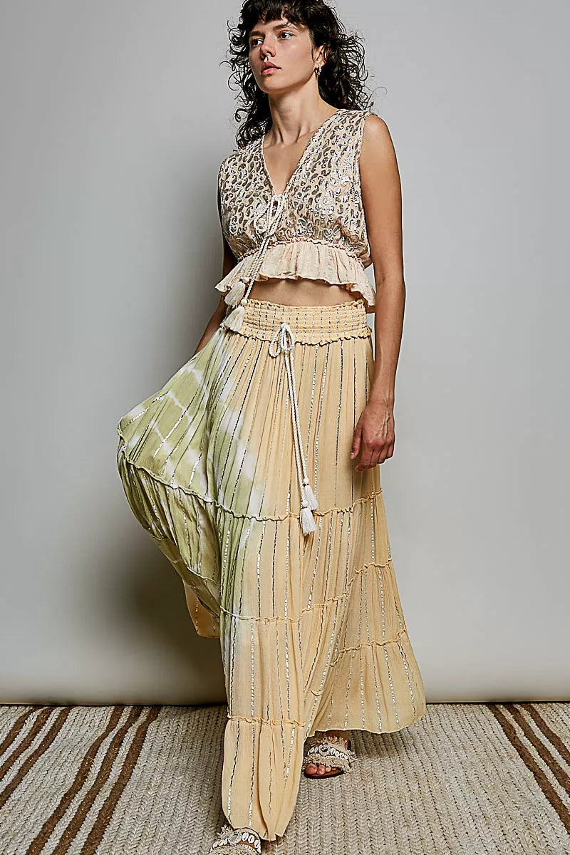 Pol Shimmer Tiered Reverse Ruffle Smocked Waist Maxi Skirt view 6 (dress) - pol skirt, pol maxi skirt,  - shop at us.meeeshop