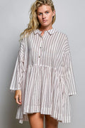 Pol Striped Gathered Waist Woven Shirt Dress RED STRIPE (dress) - pol dress, pol shirt dress, pol strip - shop at us.meeeshop