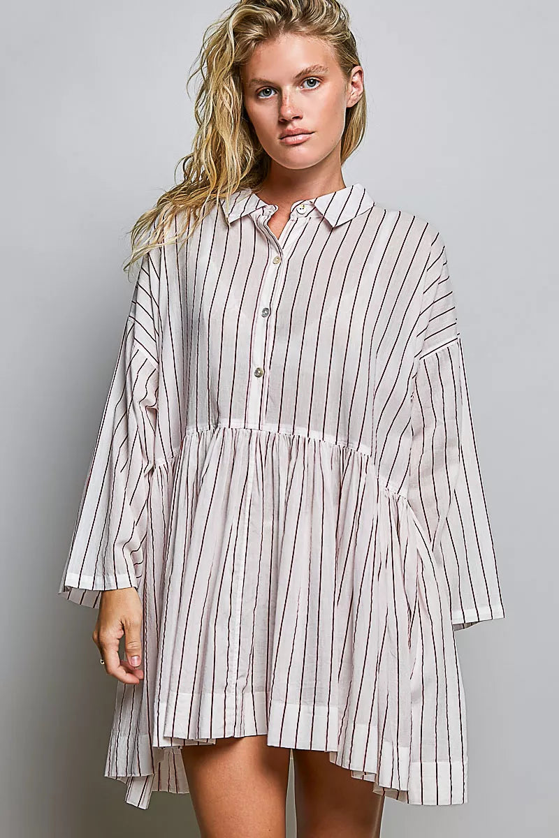 Pol Striped Gathered Waist Woven Shirt Dress RED STRIPE (dress) - pol dress, pol shirt dress, pol strip - shop at us.meeeshop