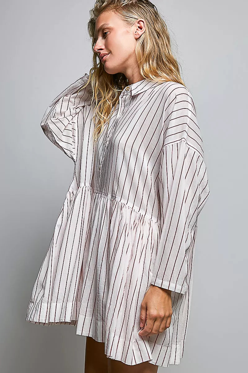 Pol Striped Gathered Waist Woven Shirt Dress RED STRIPE view 2 (dress) - pol dress, pol shirt dress, po - shop at us.meeeshop