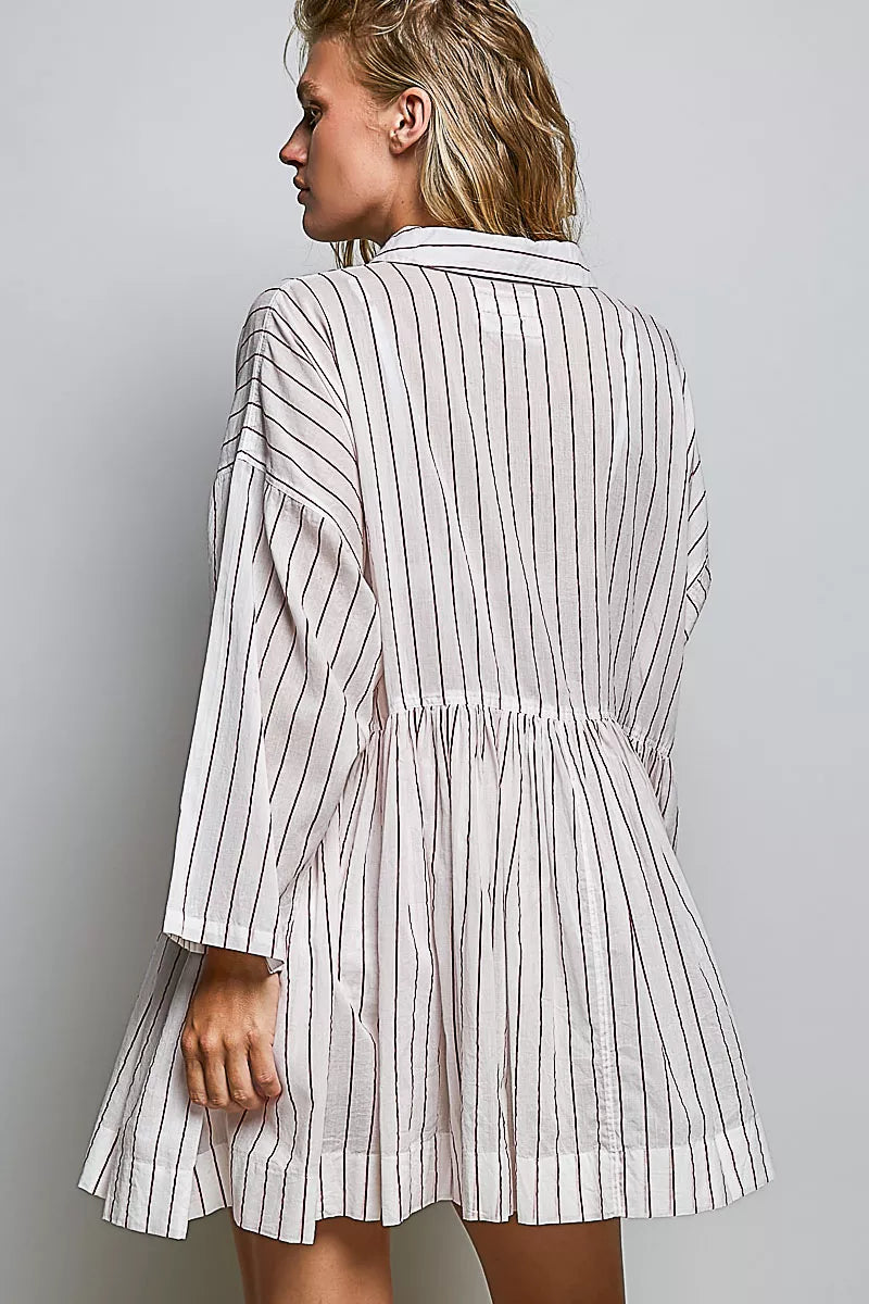 Pol Striped Gathered Waist Woven Shirt Dress RED STRIPE view 3 (dress) - pol dress, pol shirt dress, po - shop at us.meeeshop