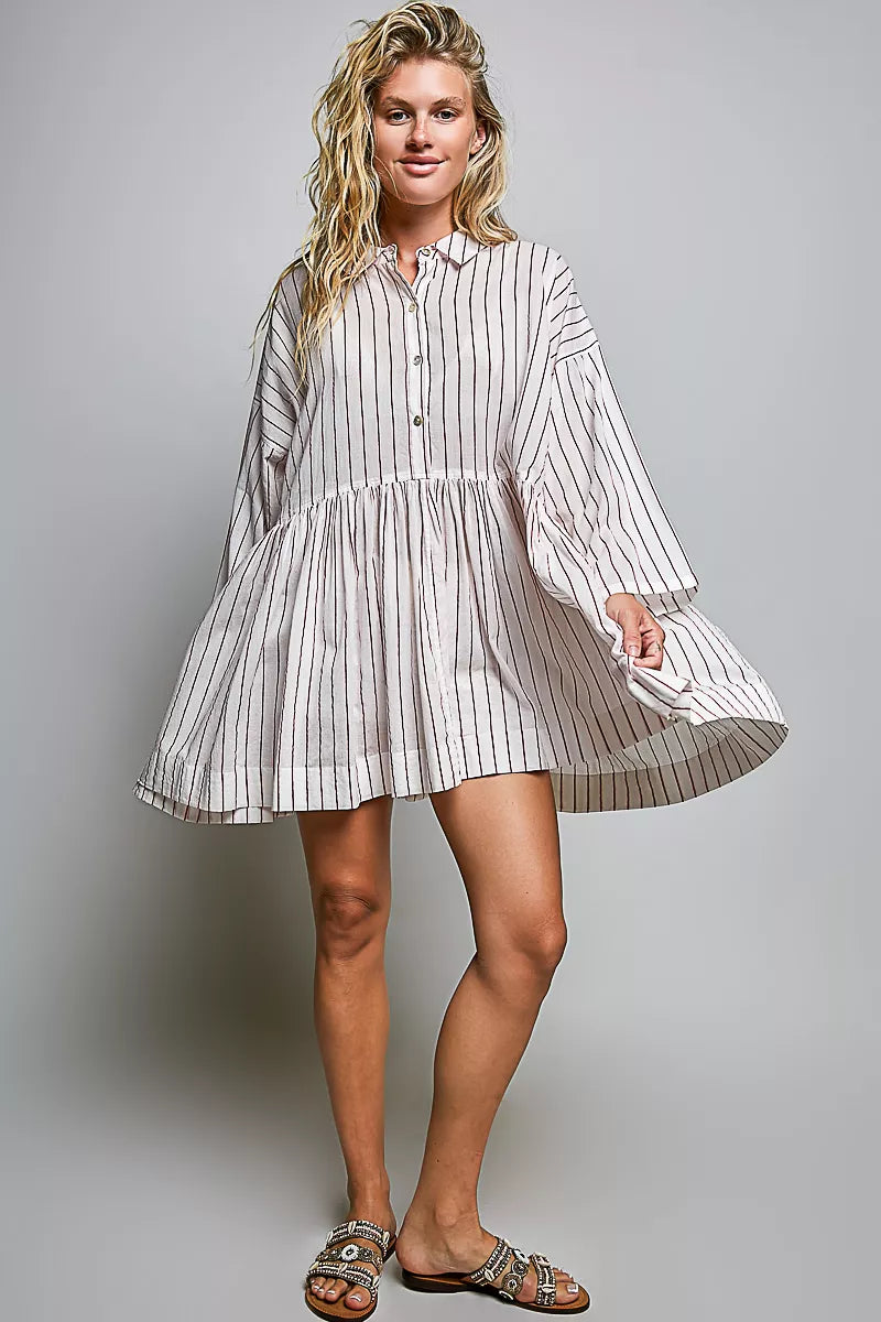 Pol Striped Gathered Waist Woven Shirt Dress view 4 (dress) - pol dress, pol shirt dress, pol striped g - shop at us.meeeshop