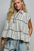 pol striped ruffle Pol Striped Ruffle Collared Sleeveless Cotton Top GREY MULTI (top) - shop at us.meeeshop