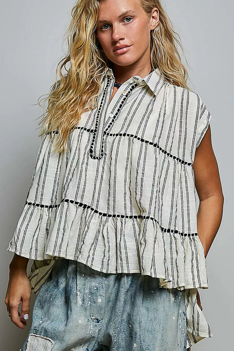 pol striped ruffle Pol Striped Ruffle Collared Sleeveless Cotton Top GREY MULTI (top) - shop at us.meeeshop