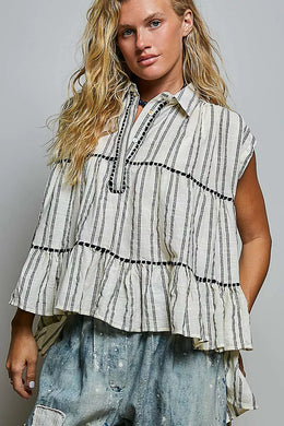 Pol Striped Ruffle Collared Sleeveless Cotton Top