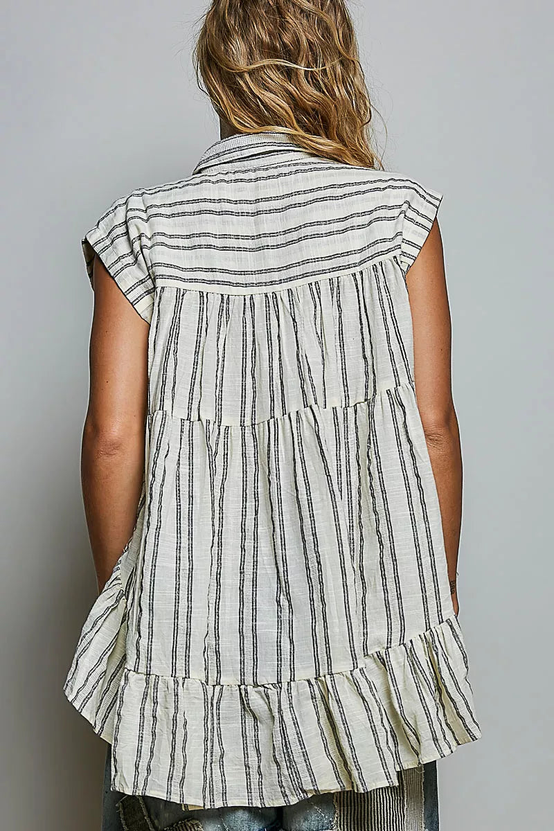 pol striped ruffle Pol Striped Ruffle Collared Sleeveless Cotton Top view 3 (top) - shop at us.meeeshop