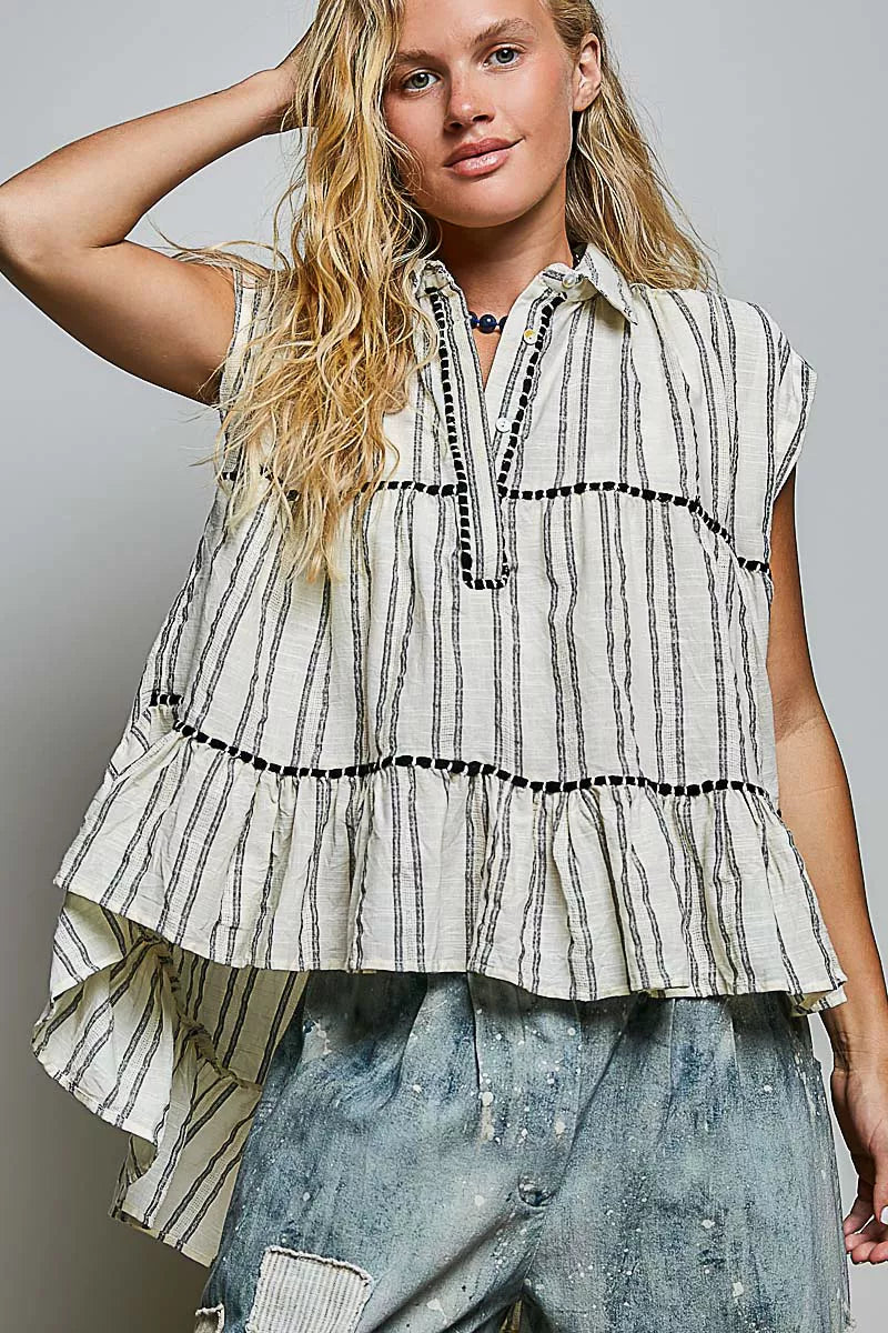 pol striped ruffle Pol Striped Ruffle Collared Sleeveless Cotton Top view 4 (top) - shop at us.meeeshop