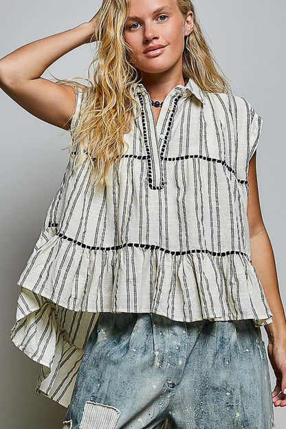 pol striped ruffle Pol Striped Ruffle Collared Sleeveless Cotton Top view 4 (top) - shop at us.meeeshop