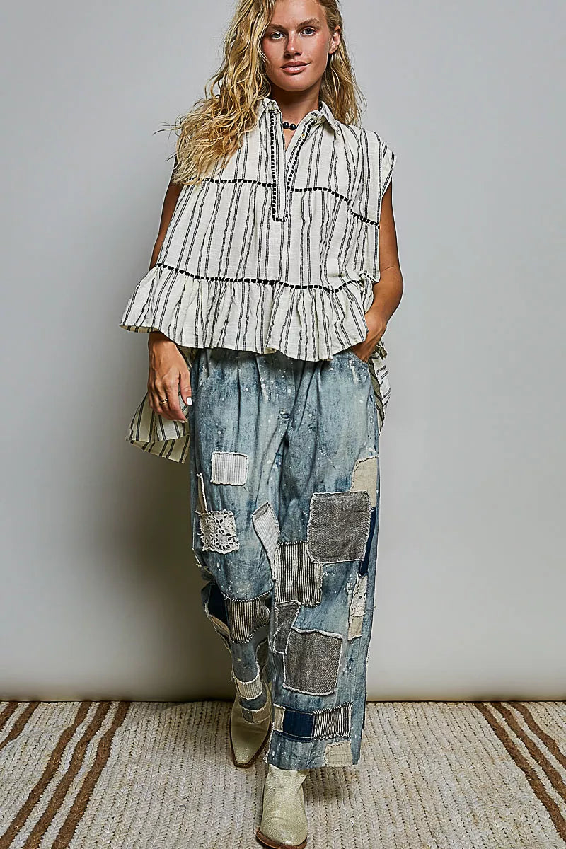 pol striped ruffle Pol Striped Ruffle Collared Sleeveless Cotton Top view 5 (top) - shop at us.meeeshop