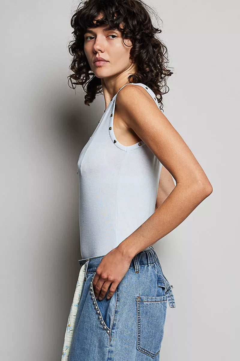 Pol Studded Trim Button-front Ruffle Detail Tank BABY BLUE view 3 (top) - pol studded tank, pol studded - shop at us.meeeshop