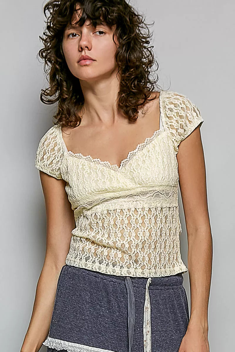 Pol Sweetheart Neck Lace Short Sleeve Top NATURAL view 2 (top) - pol top, pol short top, pol sweetheart - shop at us.meeeshop