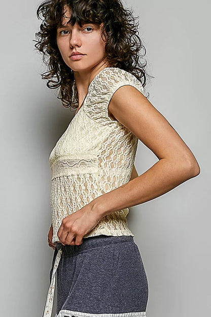 pol sweetheart neck Pol Sweetheart Neck Lace Short Sleeve Top view 3 (top) - shop at us.meeeshop