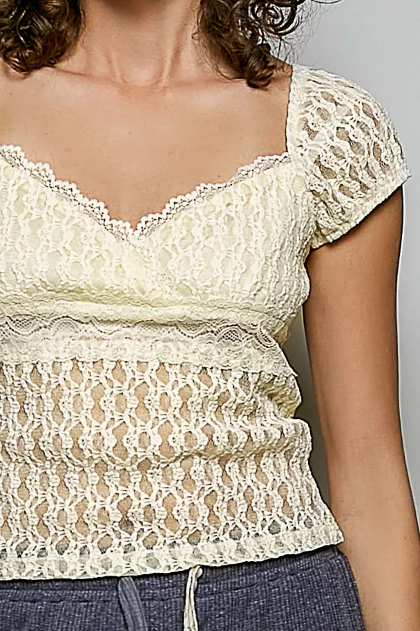 Pol Sweetheart Neck Lace Short Sleeve Top view 6 (top) - pol top, pol short top, pol sweetheart lace to - shop at us.meeeshop