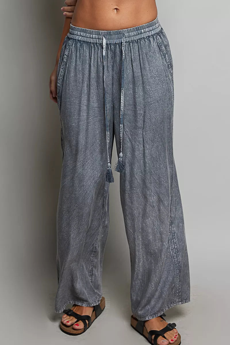 Pol Tassel Drawstring Embroidered Wide Leg Woven Pants CHARCOAL (bottom) - pol pants, pol woven pants,  - shop at us.meeeshop