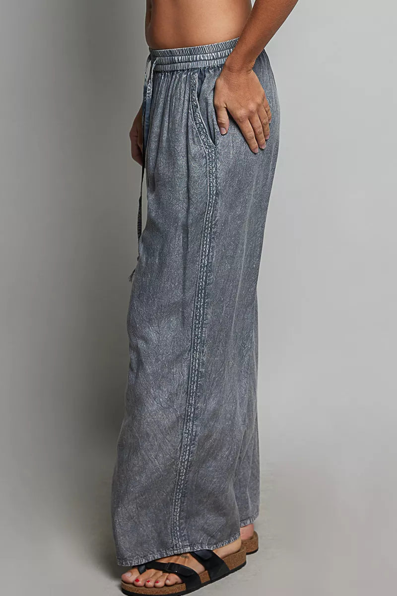 Pol Tassel Drawstring Embroidered Wide Leg Woven Pants CHARCOAL view 2 (bottom) - pol pants, pol woven  - shop at us.meeeshop