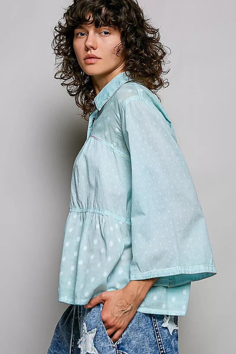 Pol Tonal Dot Weave Textured Button Front Shirt AQUA view 2 (top) - pol shirt, pol button shirt, pol to - shop at us.meeeshop