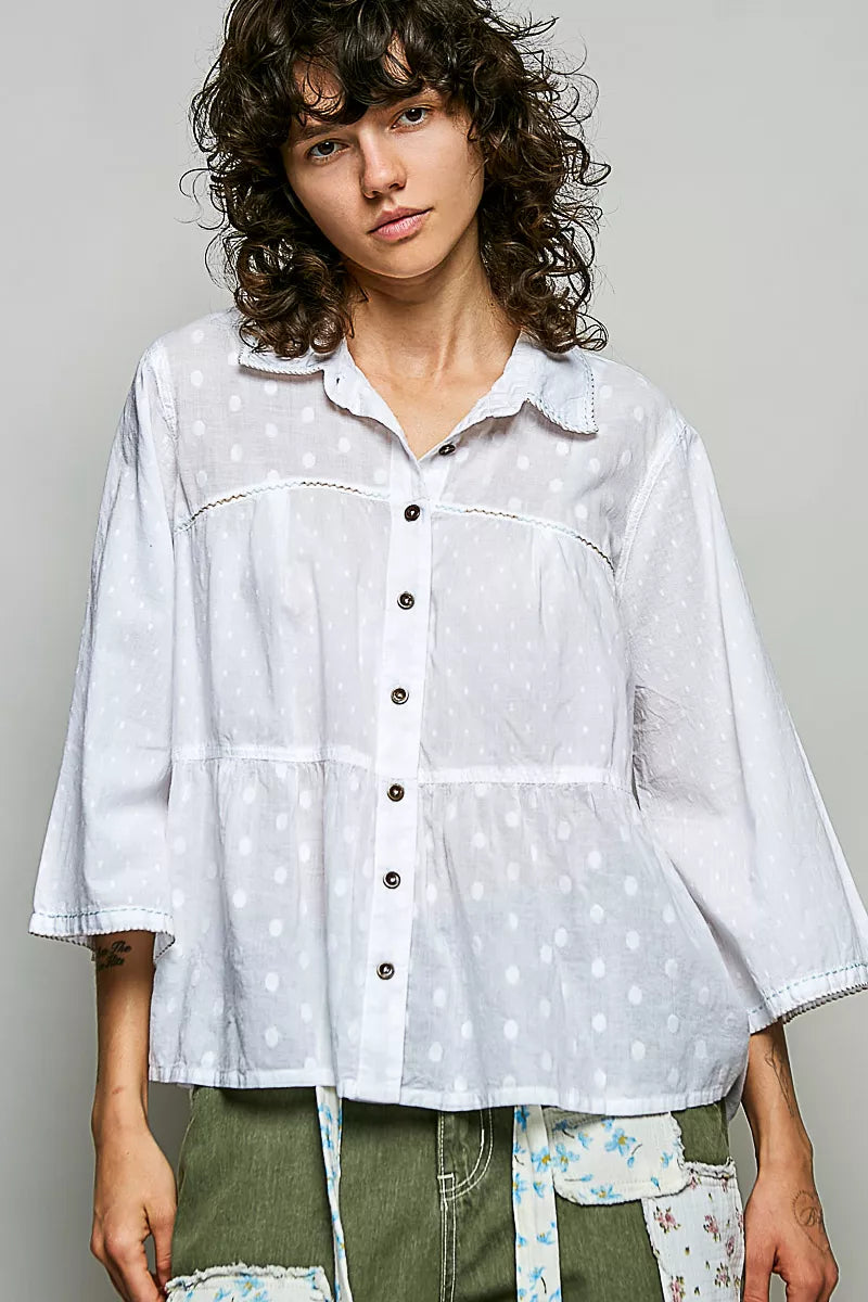 Pol Tonal Dot Weave Textured Button Front Shirt OFF WHITE (top) - tonal minimum dot, tonal dot, polka d - shop at us.meeeshop