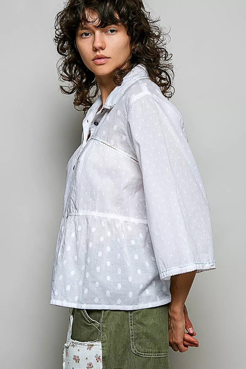 Pol Tonal Dot Weave Textured Button Front Shirt OFF WHITE view 2 (top) - tonal minimum dot, tonal dot,  - shop at us.meeeshop