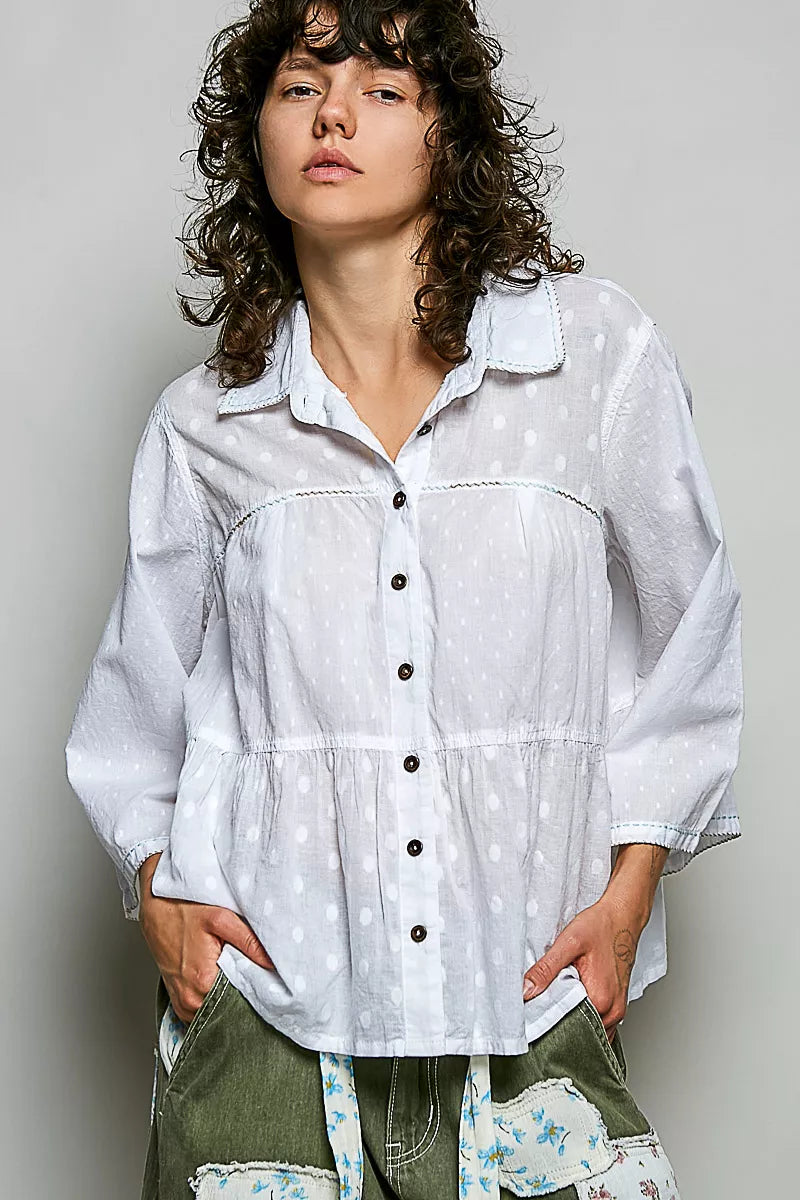 Pol Tonal Dot Weave Textured Button Front Shirt view 4 (top) - tonal minimum dot, tonal dot, polka dot  - shop at us.meeeshop