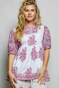 Pol Vintage Hand Block Print Floral Woven Blouse IVORY PINK MULTI (top) - pol blouse, pol woven blouse, - shop at us.meeeshop