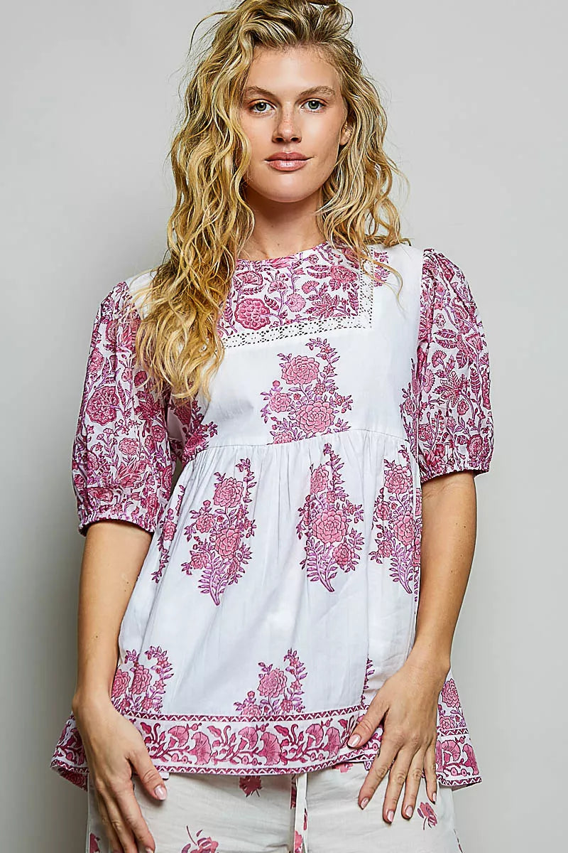 Pol Vintage Hand Block Print Floral Woven Blouse IVORY PINK MULTI (top) - pol blouse, pol woven blouse, - shop at us.meeeshop