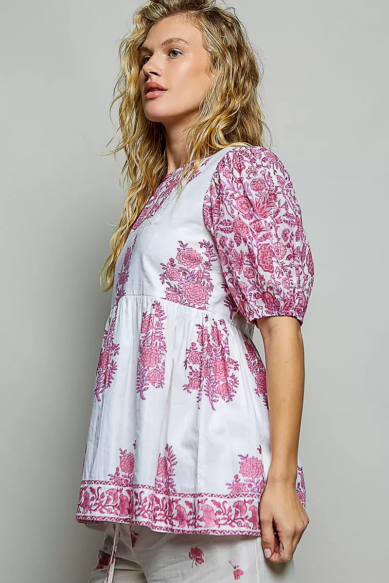 Pol Vintage Hand Block Print Floral Woven Blouse IVORY PINK MULTI view 2 (top) - pol blouse, pol woven  - shop at us.meeeshop