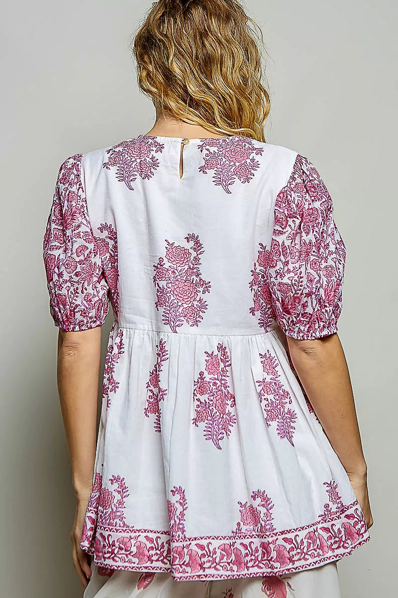Pol Vintage Hand Block Print Floral Woven Blouse IVORY PINK MULTI view 3 (top) - pol blouse, pol woven  - shop at us.meeeshop