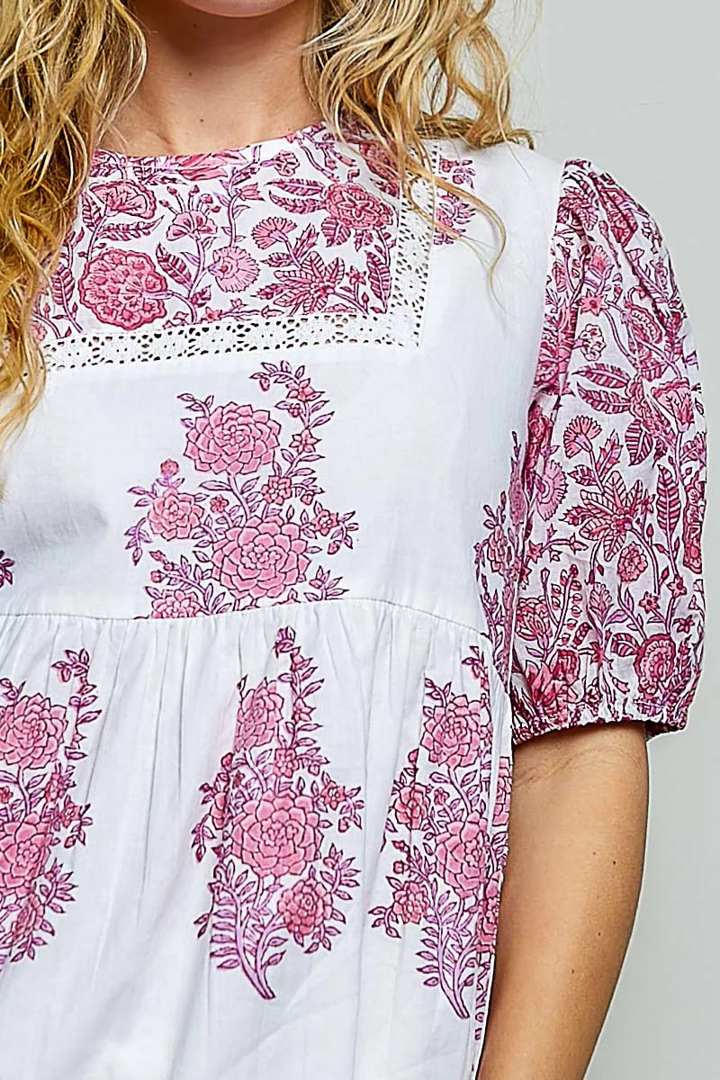 Pol Vintage Hand Block Print Floral Woven Blouse view 6 (top) - pol blouse, pol woven blouse, pol vinta - shop at us.meeeshop
