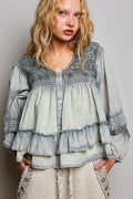 Pol Washed Layered Lace Pintuck Flared Woven Blouse SAGE (top) - pol blouse, pol woven blouse, pol wash - shop at us.meeeshop