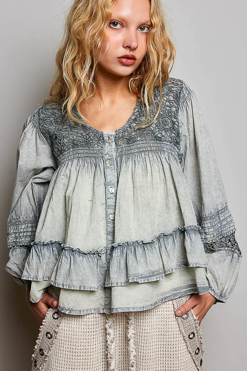 Pol Washed Layered Lace Pintuck Flared Woven Blouse SAGE (top) - pol blouse, pol woven blouse, pol wash - shop at us.meeeshop