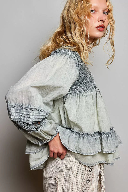 Pol Washed Layered Lace Pintuck Flared Woven Blouse SAGE view 2 (top) - pol blouse, pol woven blouse, p - shop at us.meeeshop
