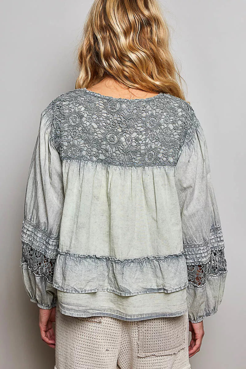 Pol Washed Layered Lace Pintuck Flared Woven Blouse SAGE view 3 (top) - pol blouse, pol woven blouse, p - shop at us.meeeshop