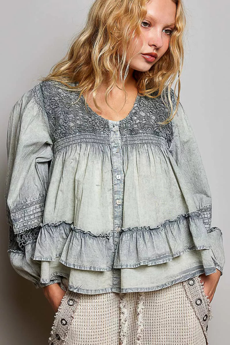 Pol Washed Layered Lace Pintuck Flared Woven Blouse view 4 (top) - pol blouse, pol woven blouse, pol wa - shop at us.meeeshop