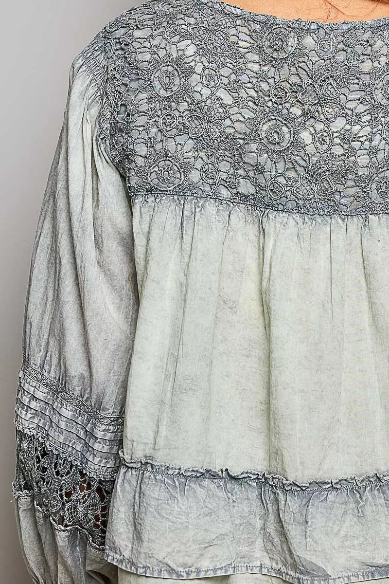 Pol Washed Layered Lace Pintuck Flared Woven Blouse view 7 (top) - pol blouse, pol woven blouse, pol wa - shop at us.meeeshop