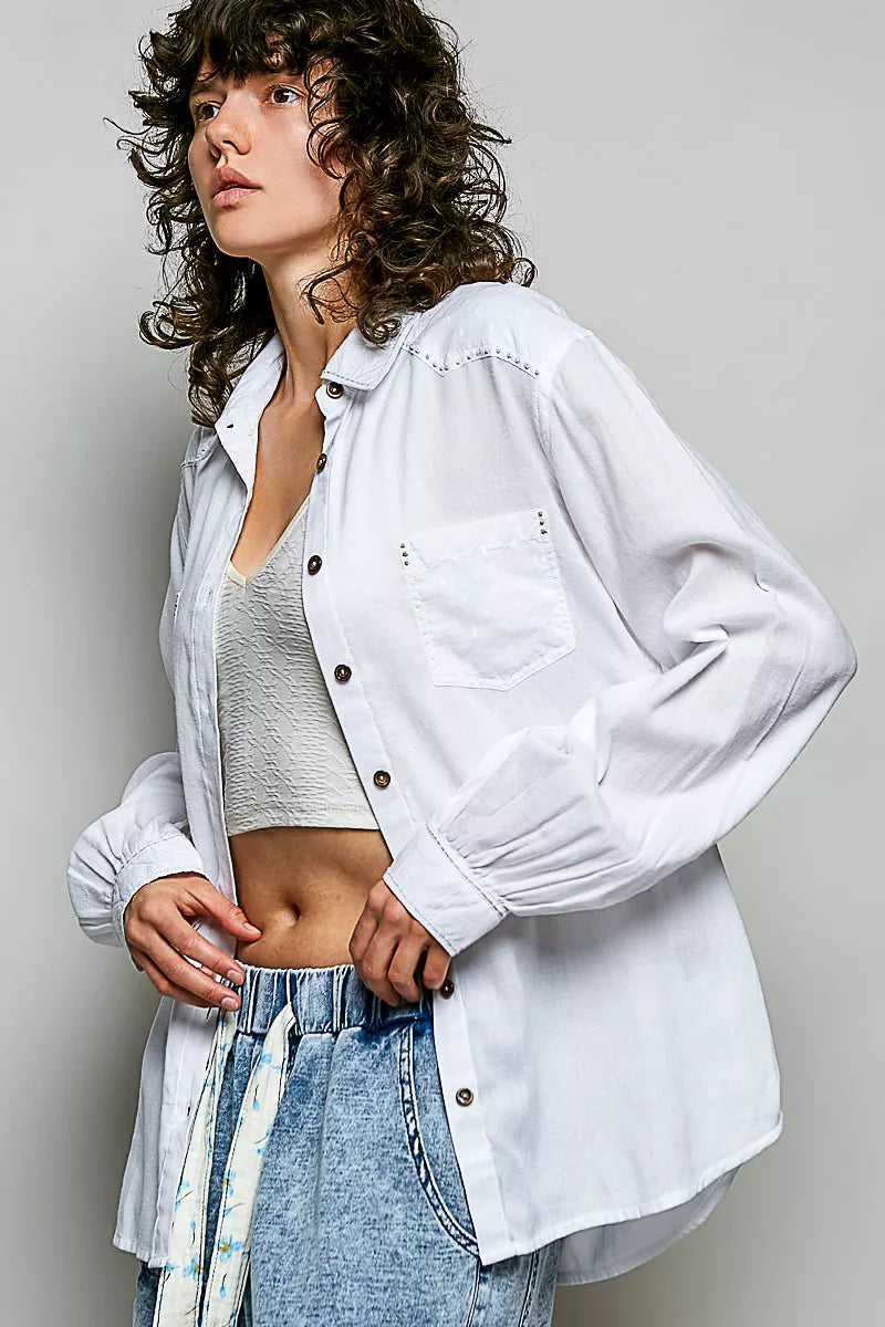 Pol Washed Textured Cotton Western Button Front Shirt OFF WHITE view 2 (top) - pol shirt, pol button sh - shop at us.meeeshop