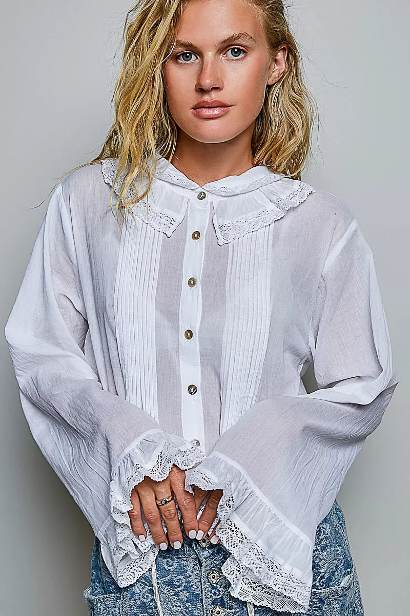 Pol Woven Lace Trim Pintuck Button-down Shirt IVORY (top) - pol shirt, pol down shirt, pol woven lace s - shop at us.meeeshop